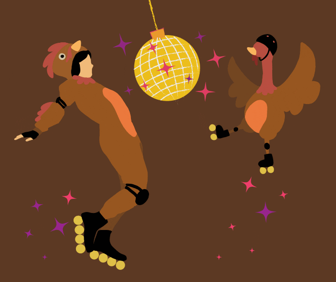 Two roller-skating turkeys under disco ball.