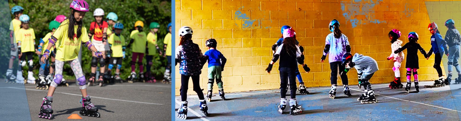 Children rollerblading in a group lesson.