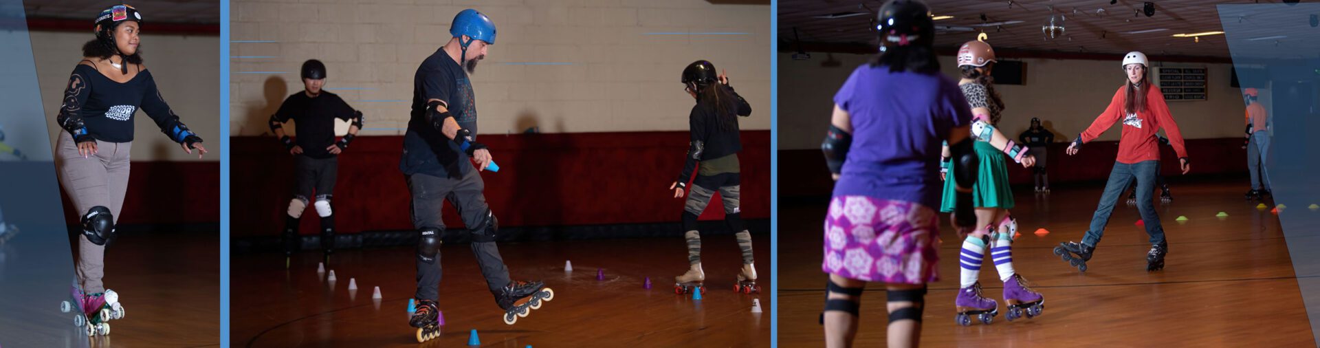 People roller skating at an indoor rink.