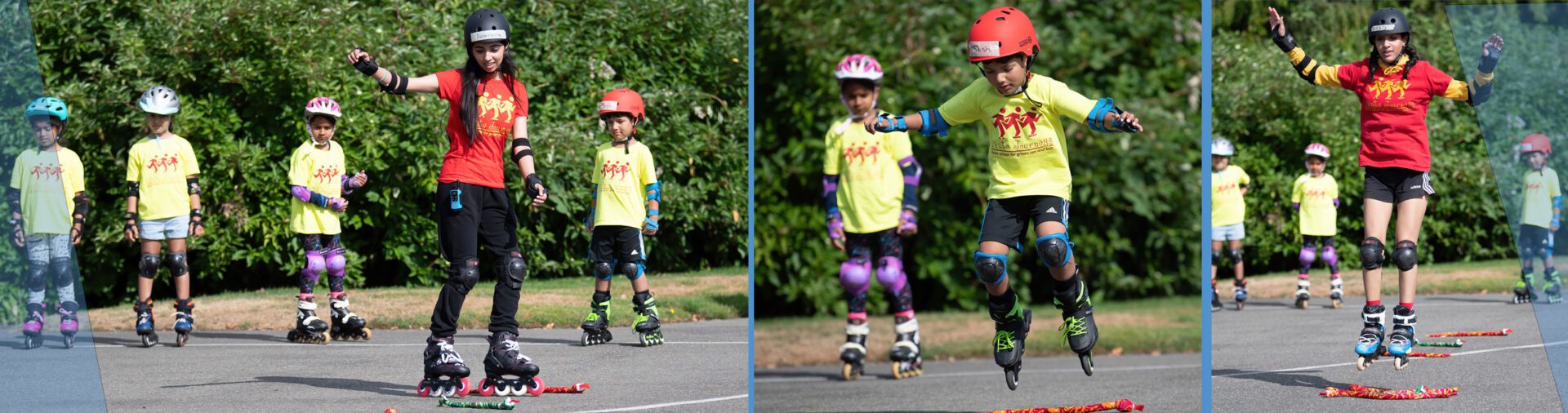 Children roller skating in a park.