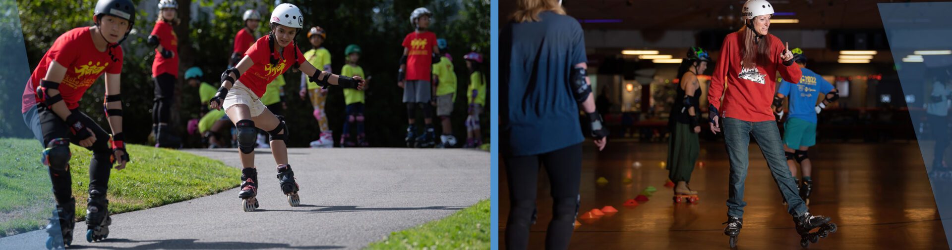 Two kids rollerblading outdoors, one woman indoors.