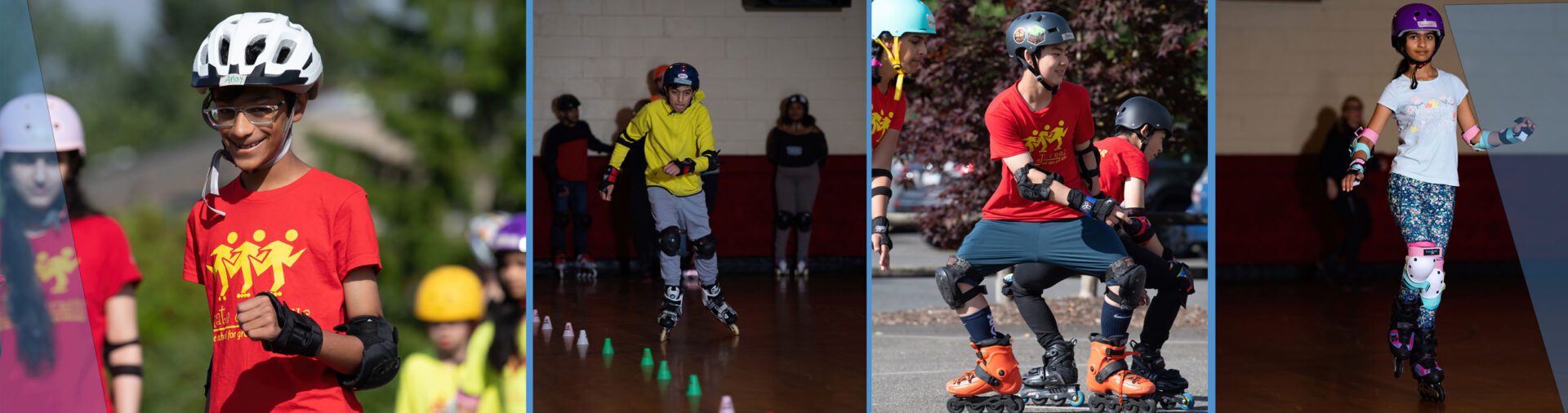 Kids wearing helmets and rollerblades.