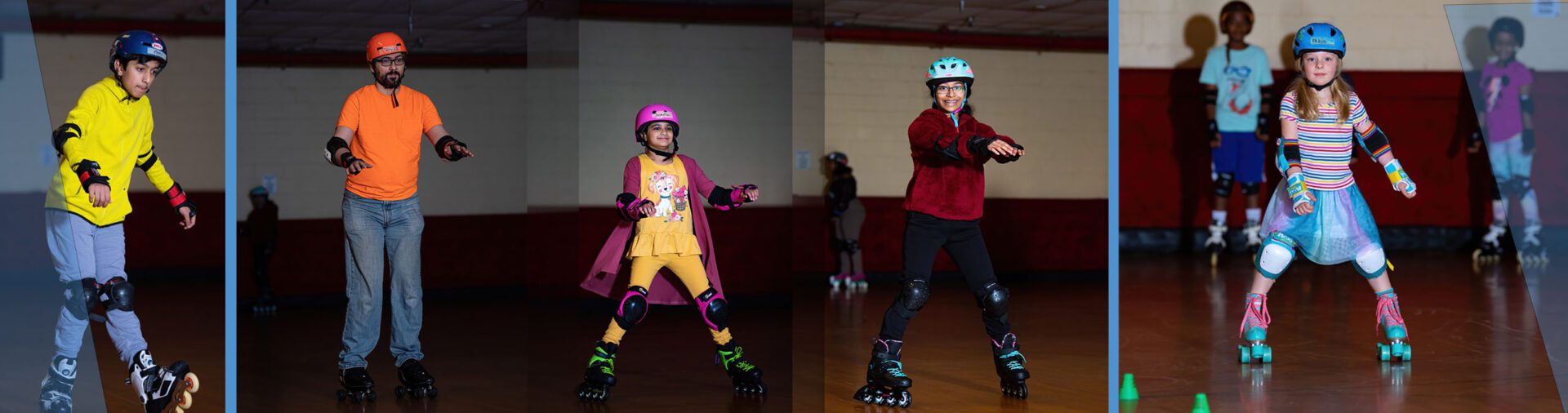 Group of kids roller skating at rink.