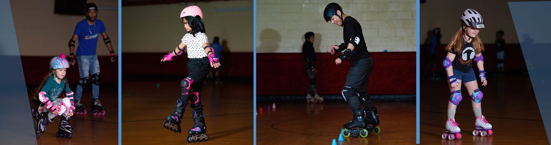 Kids roller skating at a rink.