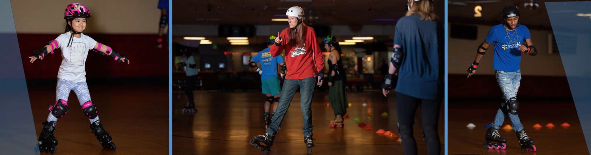 People rollerblading at a rink.