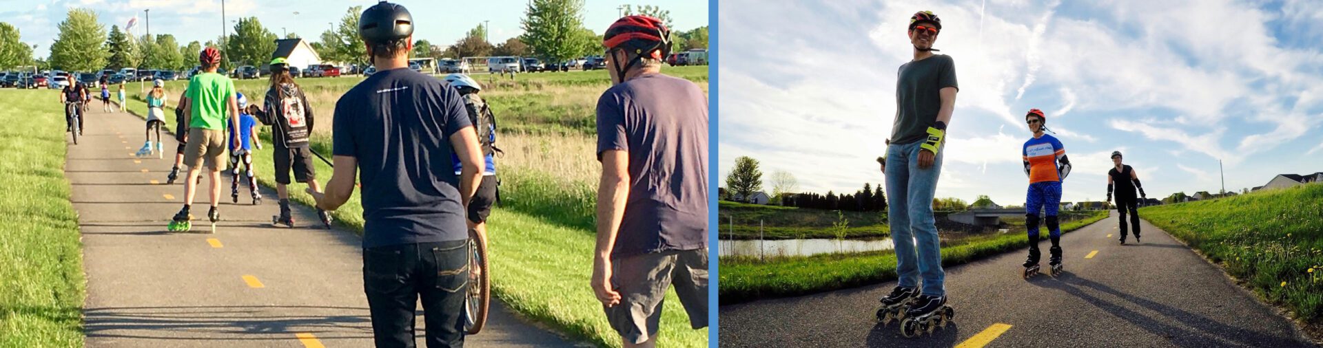 Group of people rollerblading on a path.