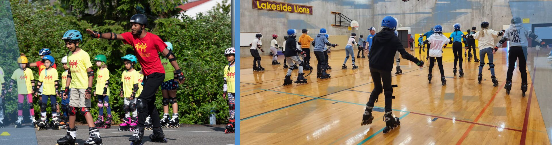 Kids learning to roller skate outdoors and indoors.