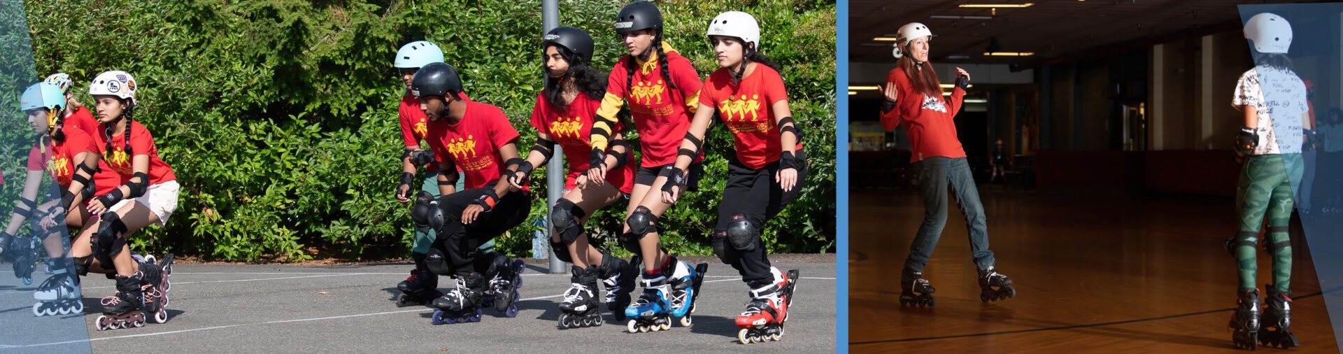 Group of people roller skating outdoors.