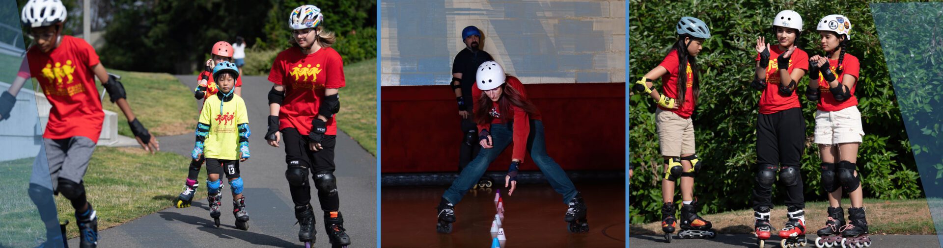 Group of people rollerblading outdoors.