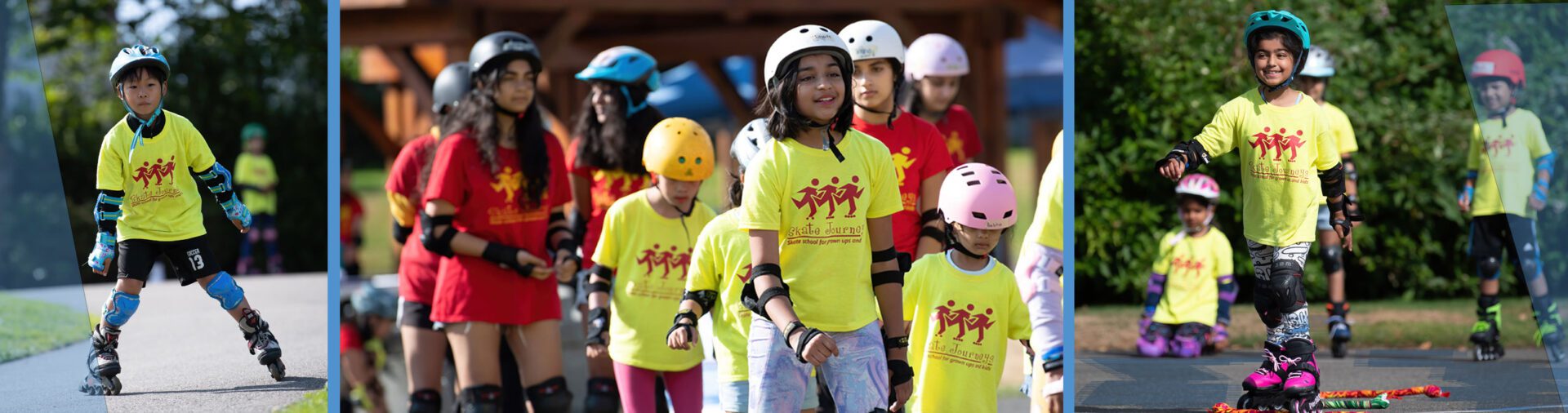 Kids in yellow shirts rollerblading outdoors.