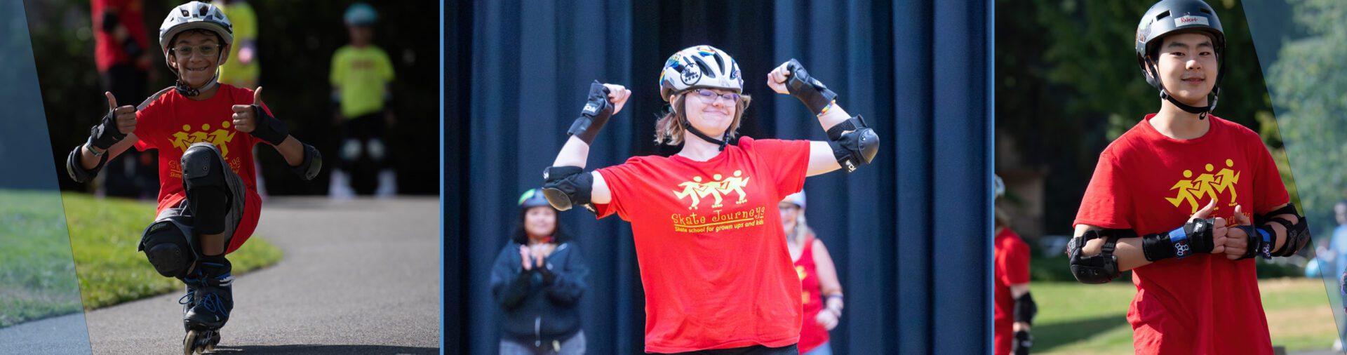 Three young people rollerblading in red shirts.