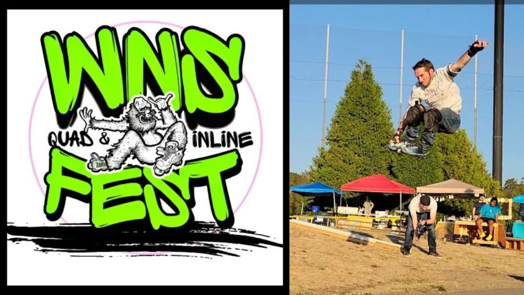 Inline skater jumping and doing a trick in the air at WNS Skate Fest