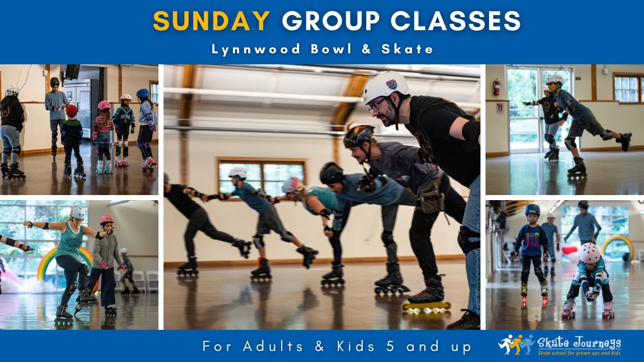 Inline and Roller skaters participating in lessons doing different skate moves. Learning to skate.