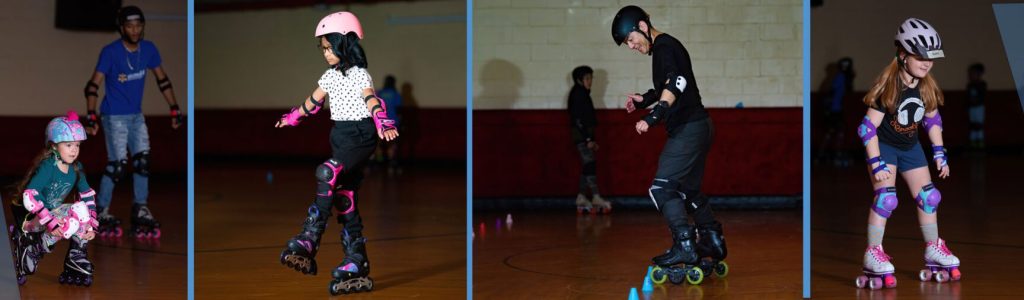 Kids roller skating at a rink.