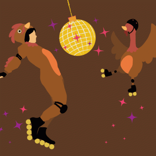 Two roller-skating turkeys under disco ball.